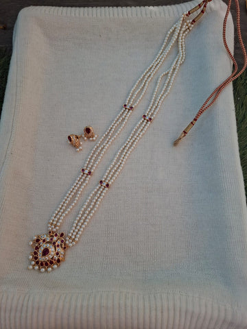 Two Peacock Pendant Badam Tanmani 3 Line Haar