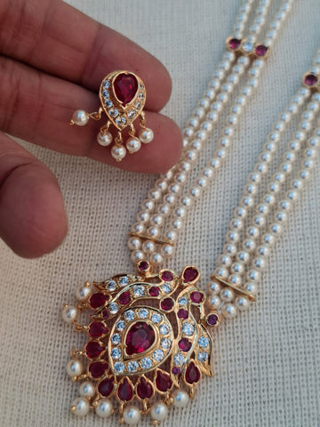 Two Peacock Pendant Badam Tanmani 3 Line Haar