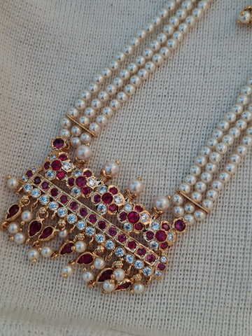 Designer Five Flower Square Pendant Long Tanmani 3 Line Haar