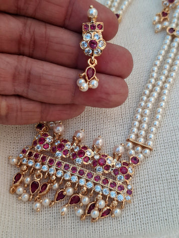 Designer Five Flower Square Pendant Long Tanmani 3 Line Haar