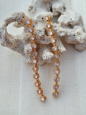 Fine Quality American Diamond Designer Long Earrings Round Golden