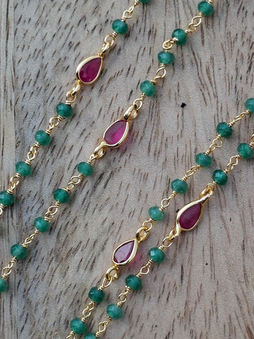 2 Layer Light Green Beads Red Stone Chain