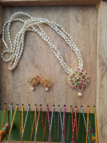 Designer American Diamond Pendant Rice Pearls Necklace