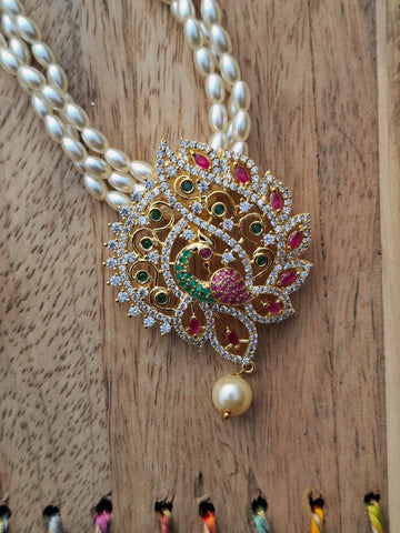 Designer American Diamond Pendant Rice Pearls Necklace