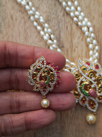 Designer American Diamond Pendant Rice Pearls Necklace