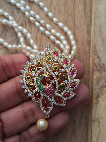 Designer American Diamond Pendant Rice Pearls Necklace