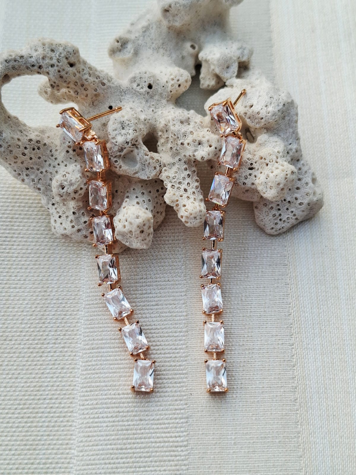 Fine Quality American Diamond Designer Long Earrings Square Golden