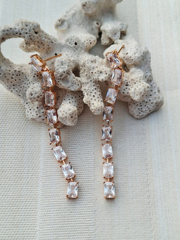Fine Quality American Diamond Designer Long Earrings Square Golden
