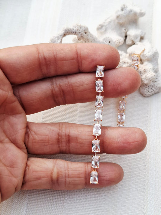 Fine Quality American Diamond Designer Long Earrings Square Golden