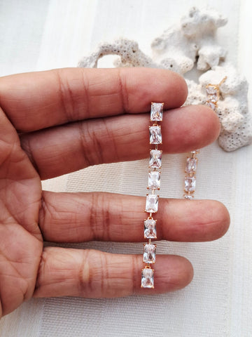 Fine Quality American Diamond Designer Long Earrings Square Golden