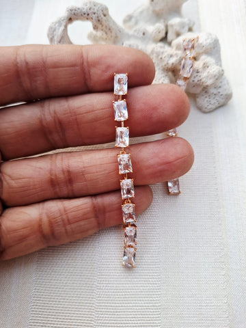 Fine Quality American Diamond Designer Long Earrings Square Golden