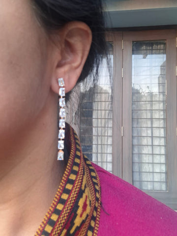 Fine Quality American Diamond Designer Long Earrings Square Golden