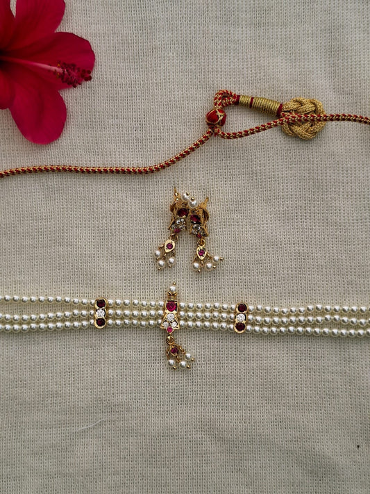 3 Patti Small Cute Three White Stone Dark Pink Chinchpeti