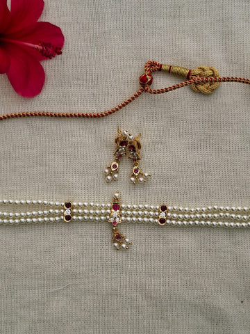 3 Patti Small Cute Three White Stone Dark Pink Chinchpeti