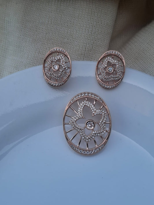 Rose Gold Plated American Diamond High Quality Flower Pendant Set