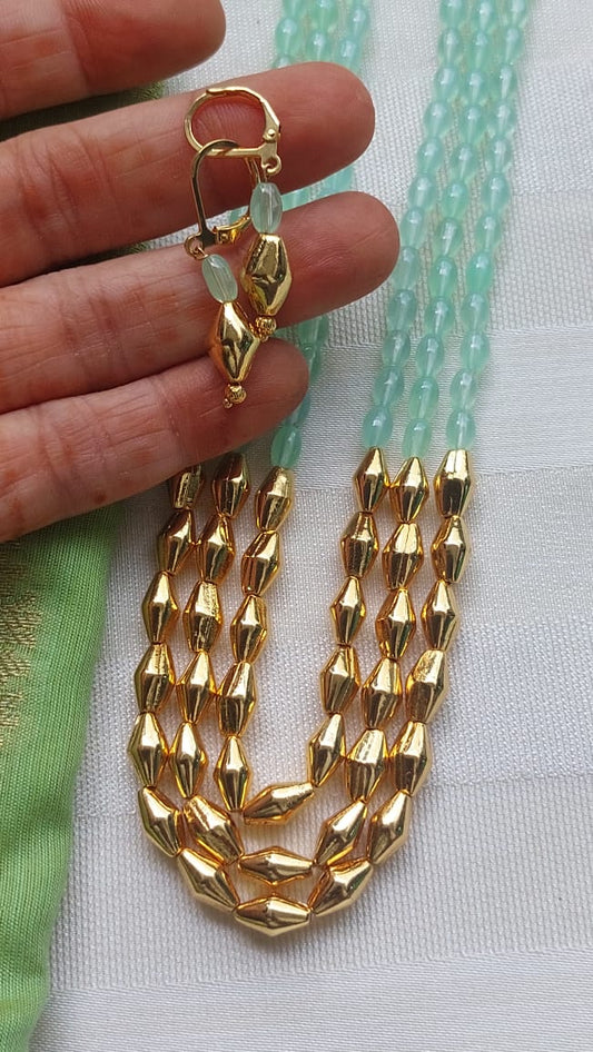 Light Green Stone Dholki Bead Necklace Set