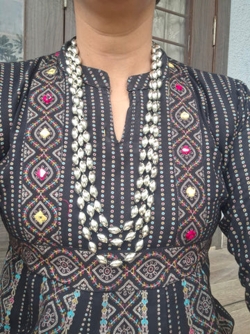 3 Lyre Dholki Bead Oxidised Long Necklace
