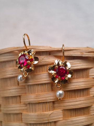 Cute Golden Red Stone Flower Bugdi cum Earrings