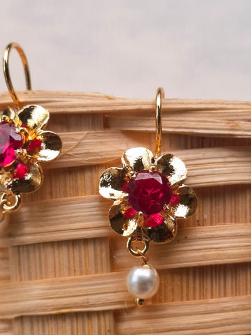Cute Golden Red Stone Flower Bugdi cum Earrings