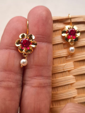 Cute Golden Red Stone Flower Bugdi cum Earrings