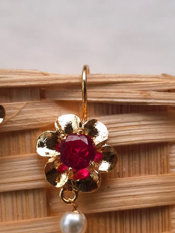 Cute Golden Red Stone Flower Bugdi cum Earrings