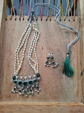 Exquisite Rice Pearls Oxidised Green Tanmani
