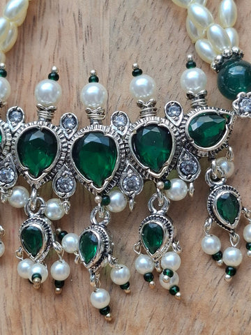 Exquisite Rice Pearls Oxidised Green Tanmani
