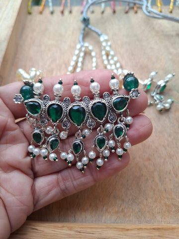 Exquisite Rice Pearls Oxidised Green Tanmani