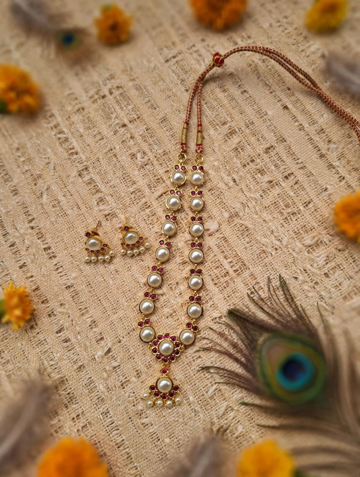 Half Round Pearl Red Stone Necklace